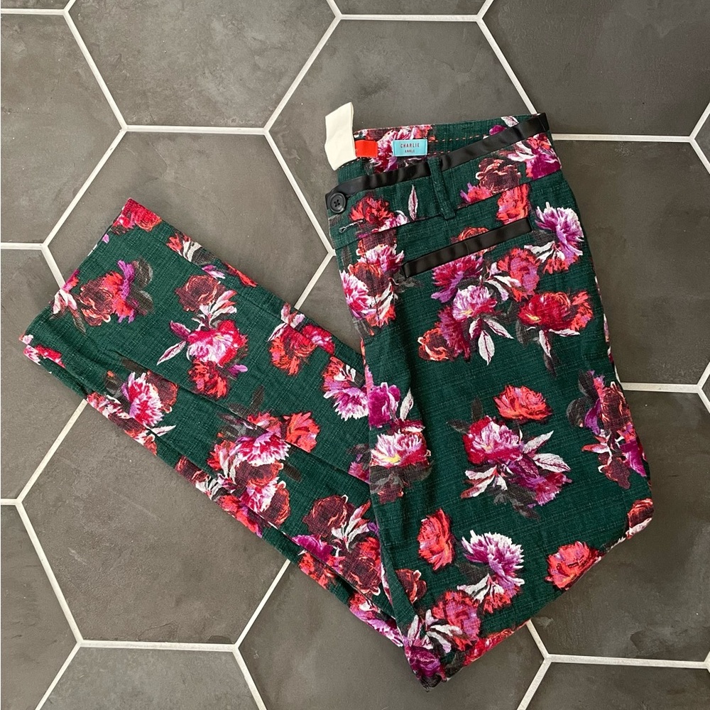 Anthropologie floral pants with black vegan leather trim